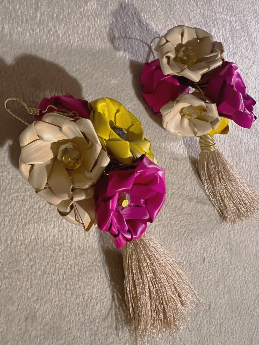 Handmade Floral Tassel Earrings - Pink, Yellow & Cream